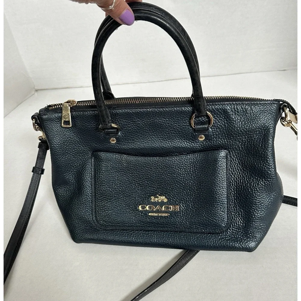 Coach Emma Satchel Pebbled Leather Gold Accents Navy Metallic